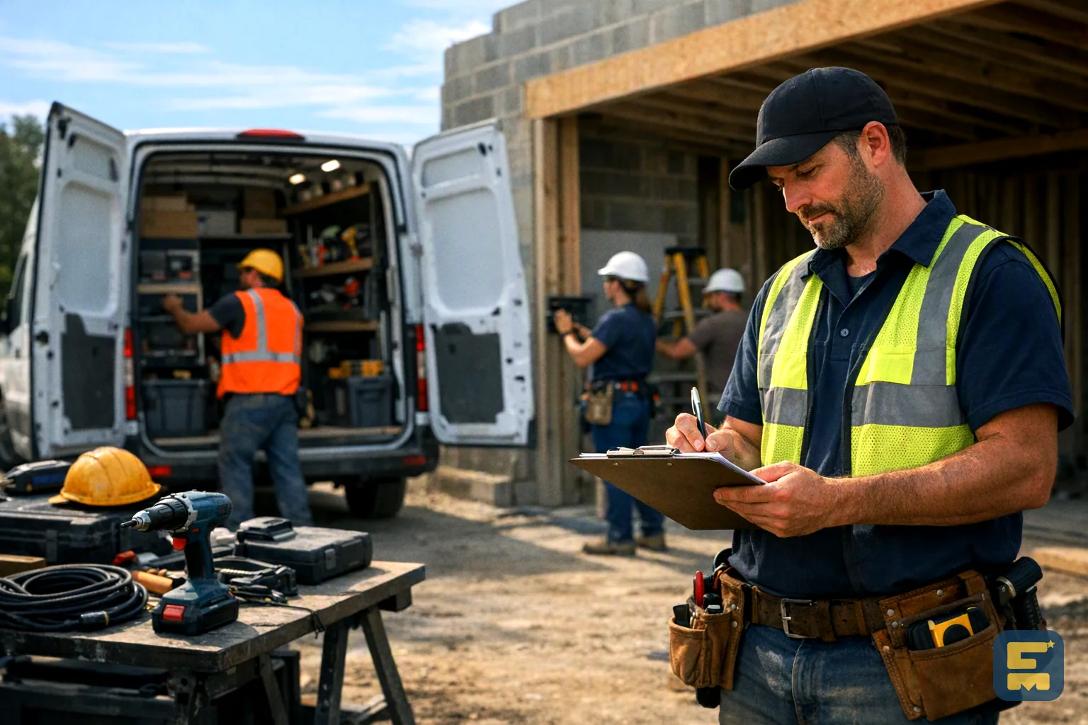 Tradie writing a quote on a clipboard at a job site