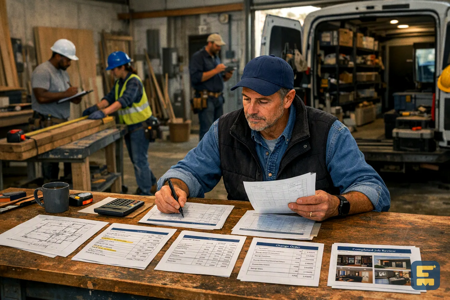 Contractor building a job price from scope, labor, materials, overhead, and profit