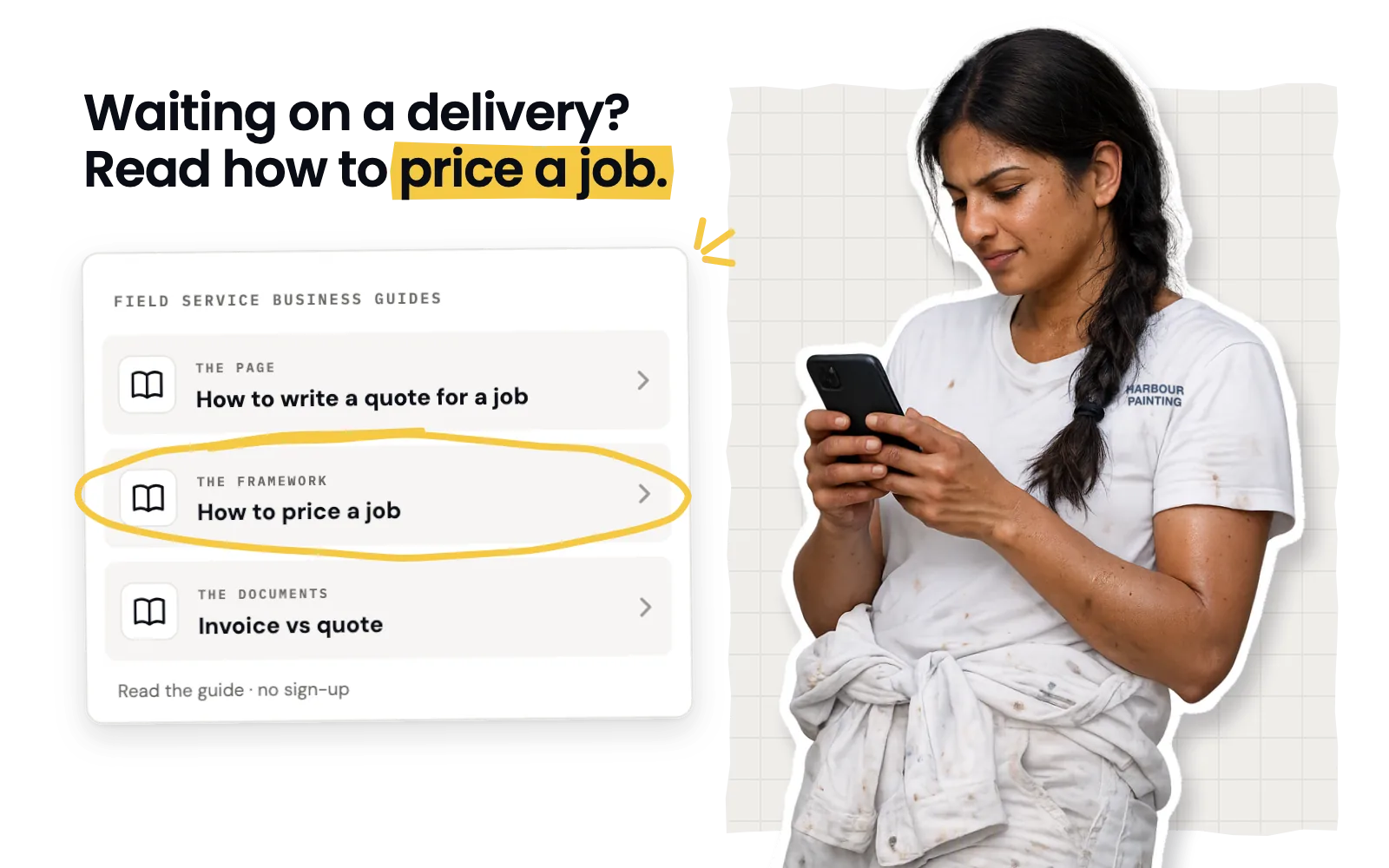 A painter reading on her phone beside three guides: how to write a quote for a job, how to price a job, and invoice vs quote.
