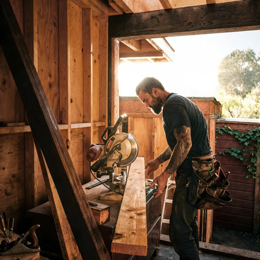 Carpenter cutting timber on a miter saw at a sunlit jobsite