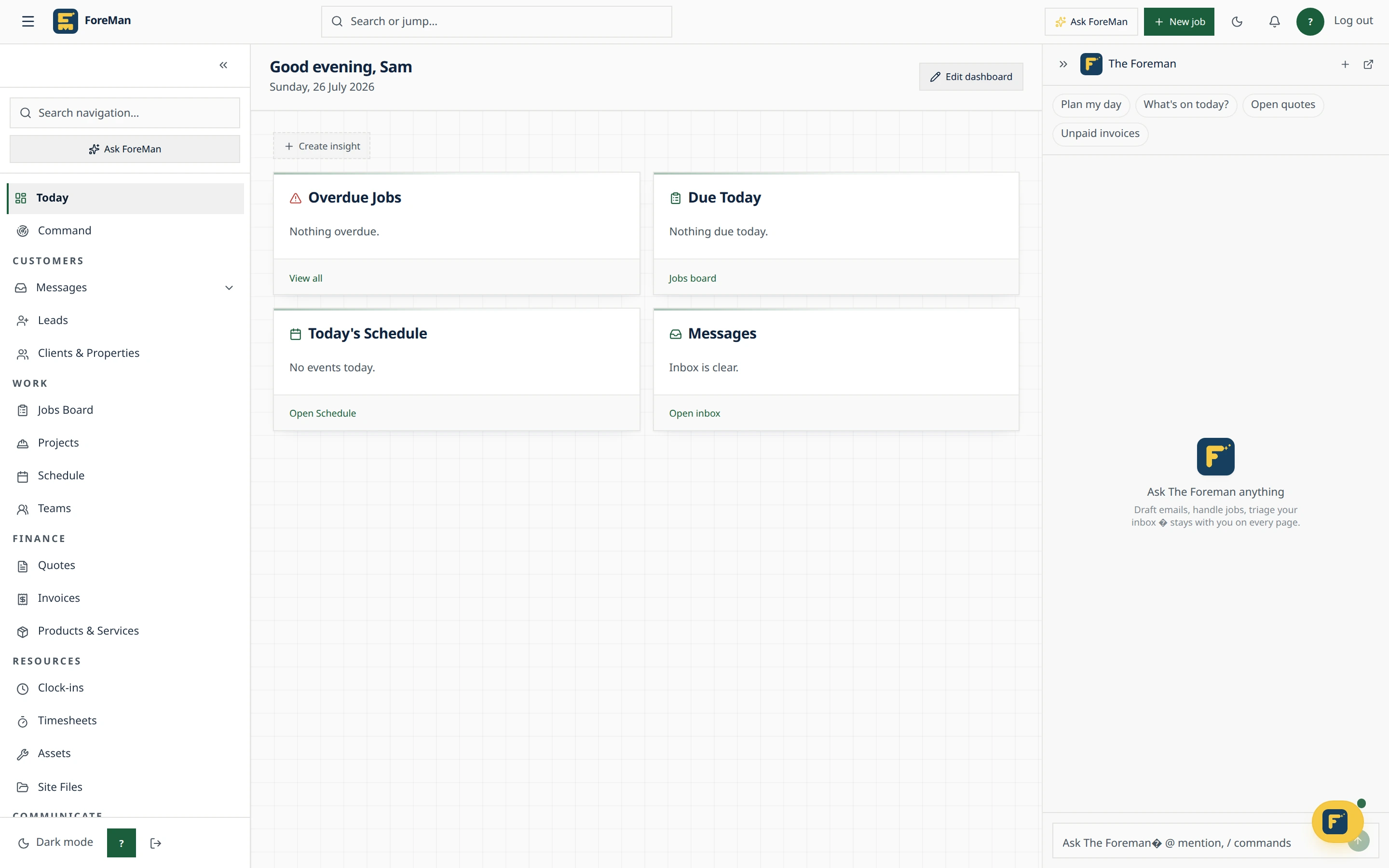 ForeMan dashboard with today's schedule and outstanding invoices