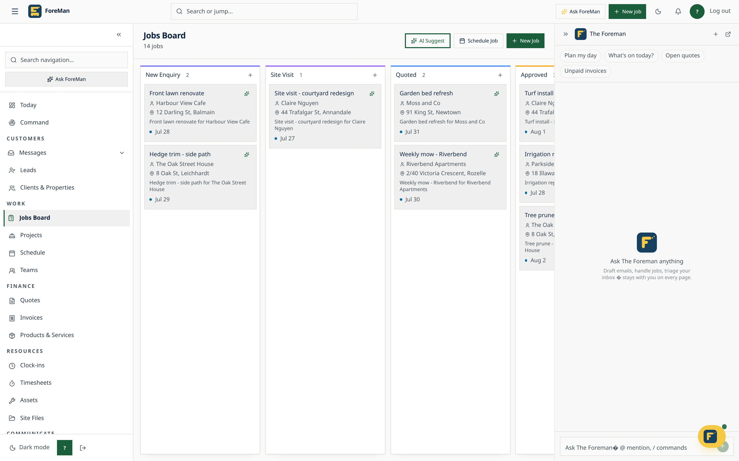 ForeMan jobs board kanban for a landscaping crew