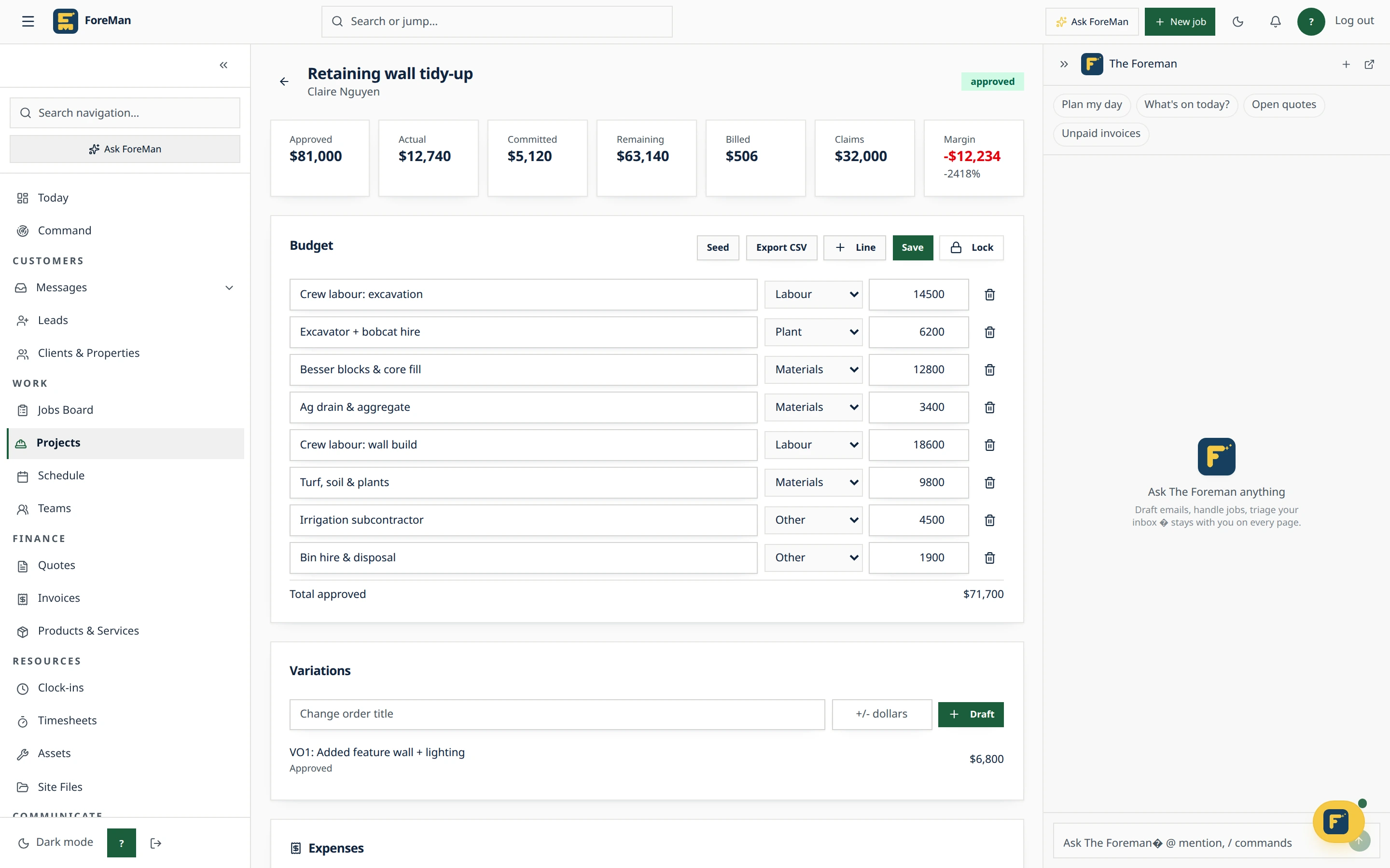 ForeMan project hub showing a large job's budget and phases