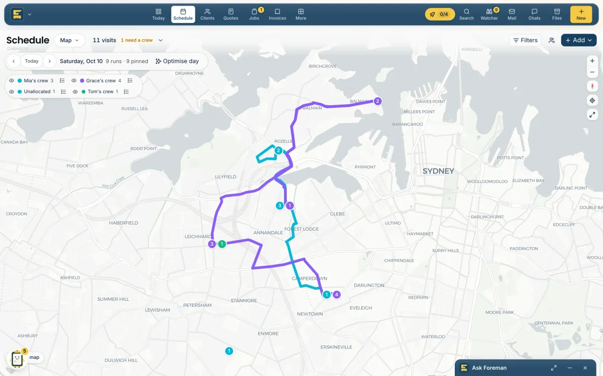 The schedule map with each crew's route for the day