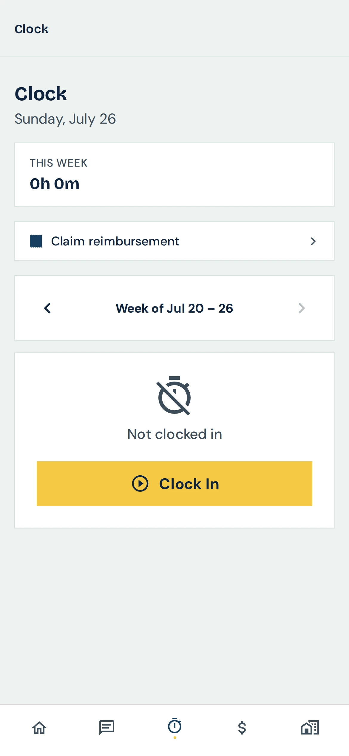 ForeMan mobile clock-in page with hours for the week