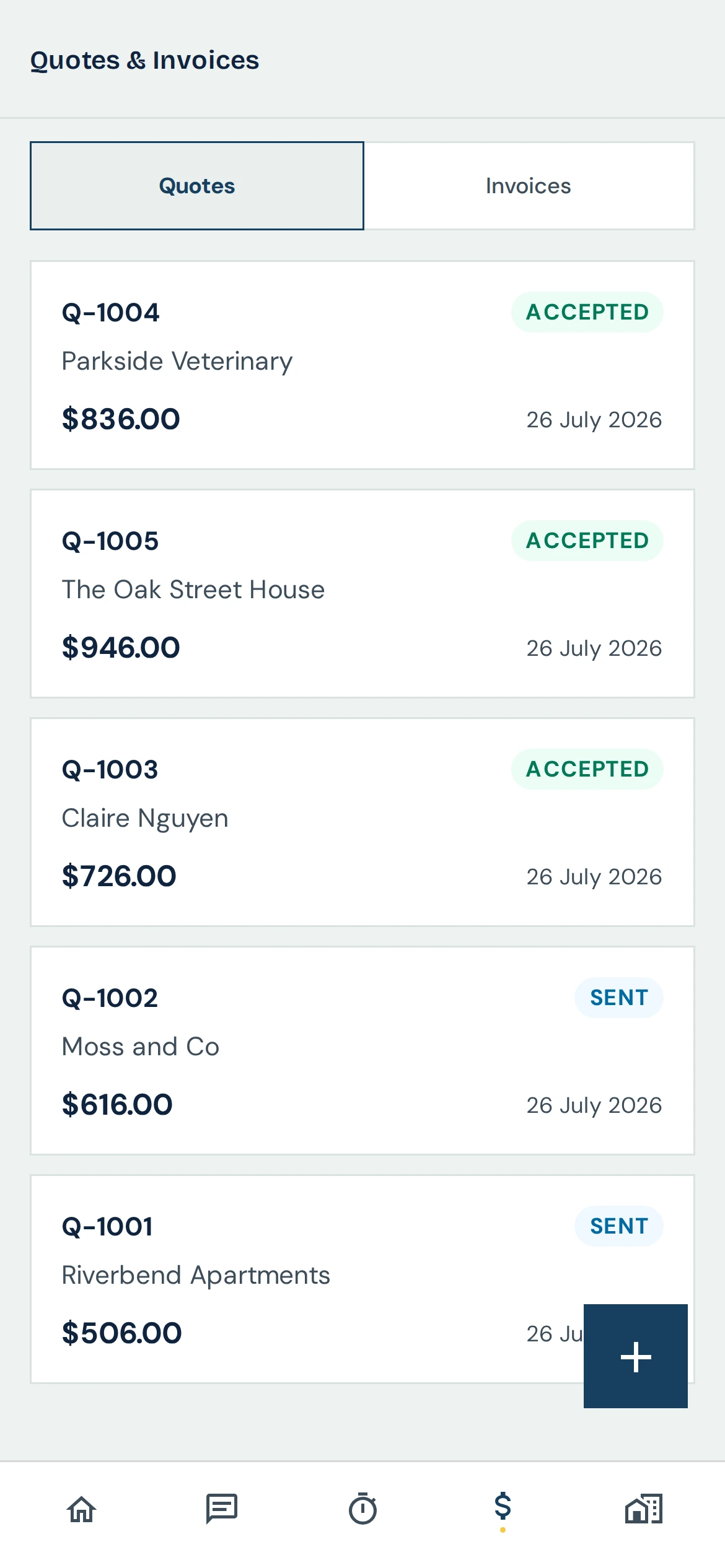ForeMan mobile app showing quotes and invoices with accepted and sent statuses