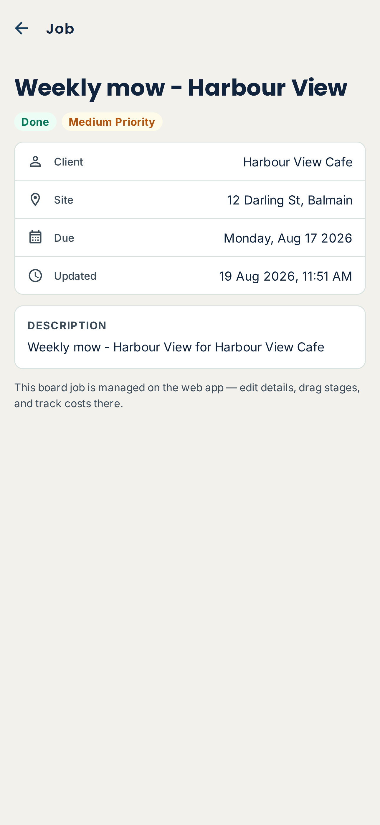 Yes Foreman mobile job detail showing the client, site, due date and job brief