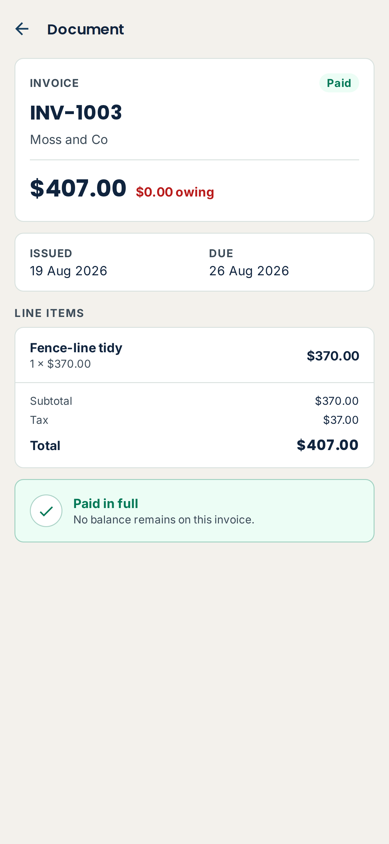 Paid Yes Foreman invoice for Moss and Co showing a 407 dollar total and zero balance owing