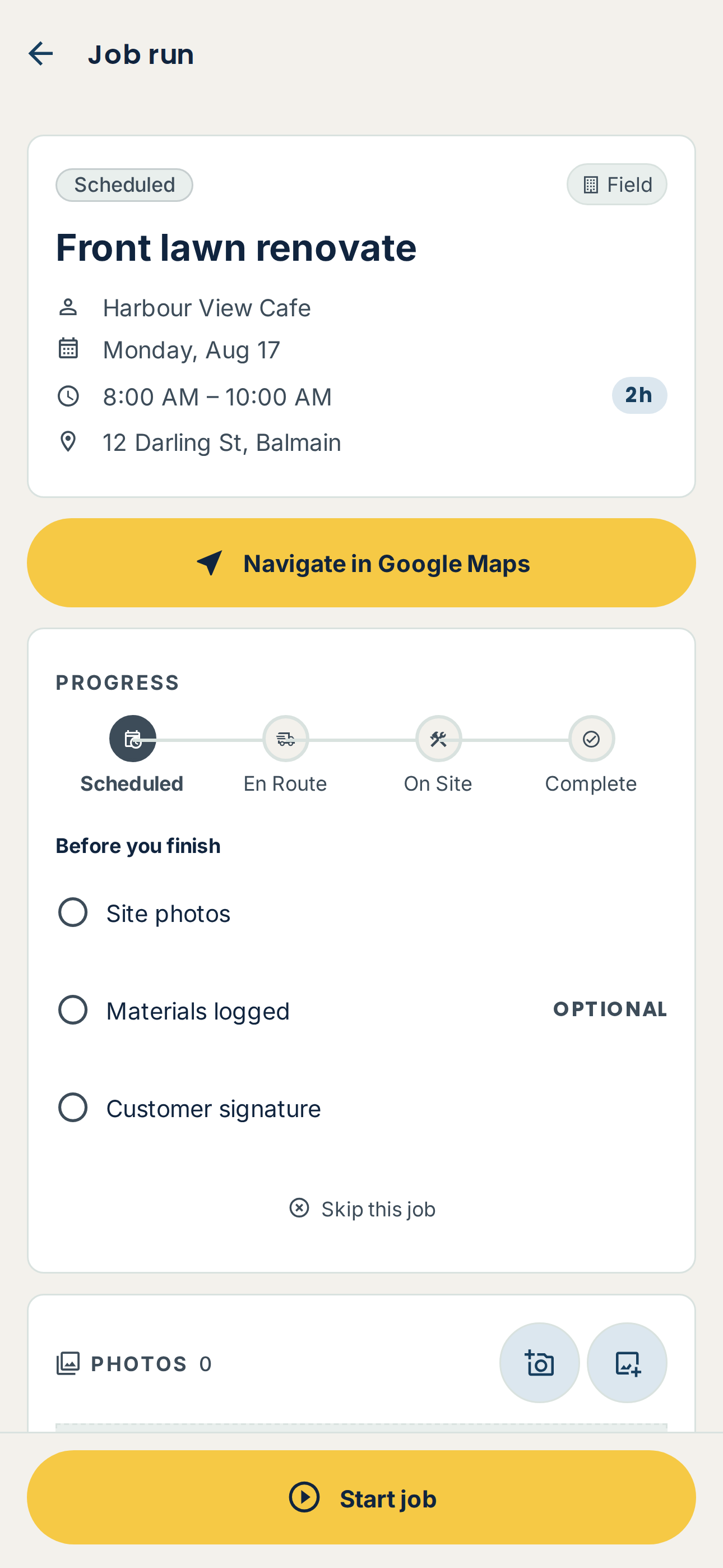 Yes Foreman mobile job run showing a scheduled visit, map navigation and progress checklist