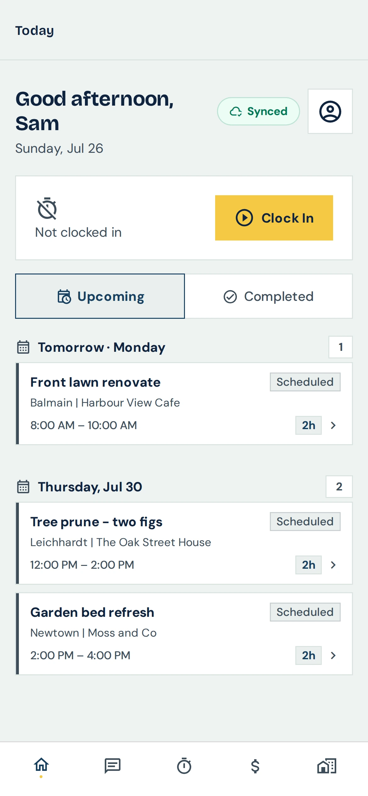 ForeMan mobile app showing a crew member's upcoming jobs